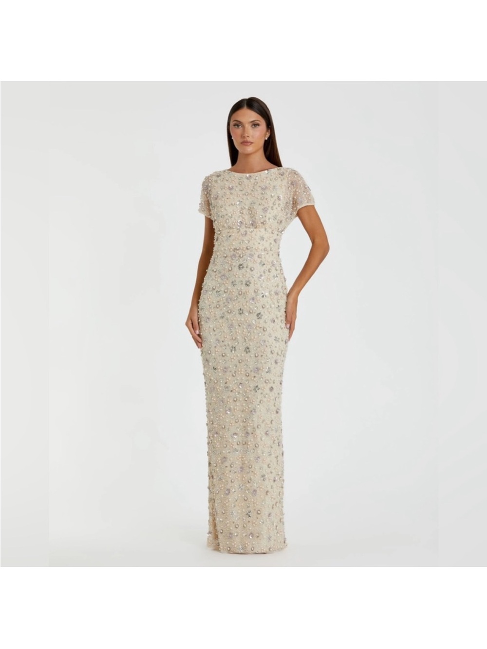 Mac Duggal 94205 Ivory Floral Embellished Mesh Fitted Column Gown US 12